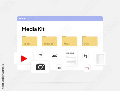 Media kit or press kit concept. Pre-packaged promotional materials - photo, logo, video, press release, guidelines to provide information to media. Ideal for release announcements and news conferences
