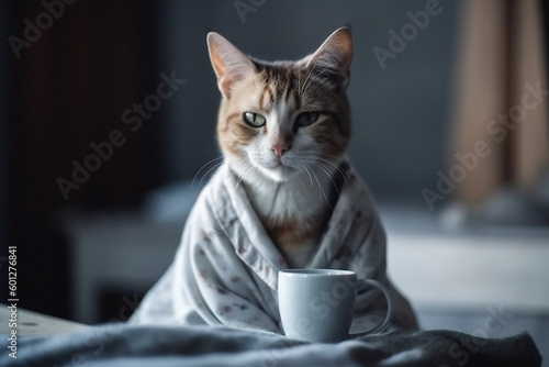 Cat drinking morning coffee Generative AI.
