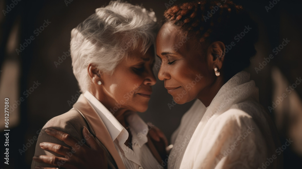 Old women lesbian couple. marrage Black and Caucasian female bride in love. LGBT pride month celebration generative ai Old women lesbian couple. marrage Black and Caucasian female bride in love. LGBT pride month celebration generative ai