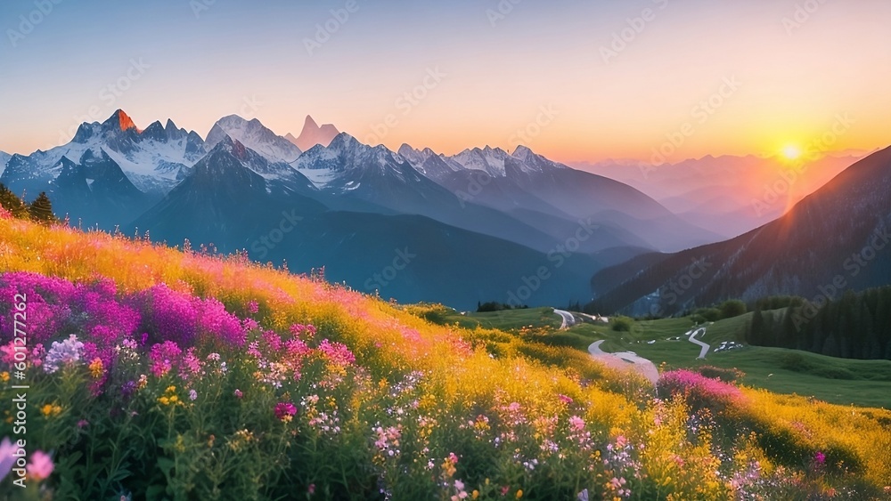Fantastic summer landscape with blooming meadow and snowcapped mountains in background.