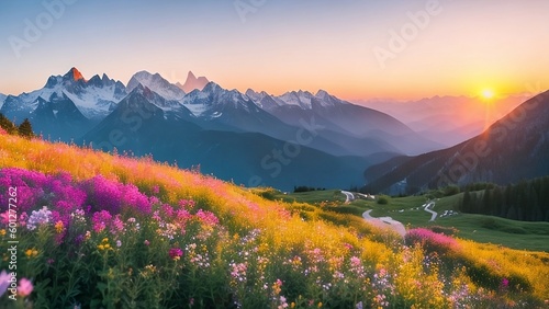 Fantastic summer landscape with blooming meadow and snowcapped mountains in background.