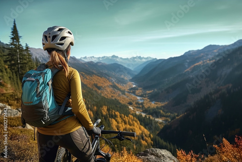 A young athletic woman is happy to ride a mountain bike