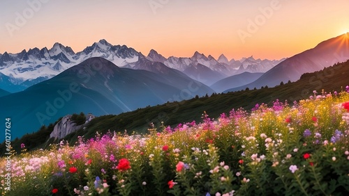 Fantastic summer landscape with blooming meadow and snowcapped mountains in background.