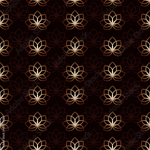 Lotus flower metallic gradient seamless pattern on black background. Vector print.