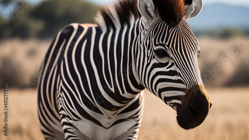 closeup of African zebra with some bushes in blurry background  generative AI