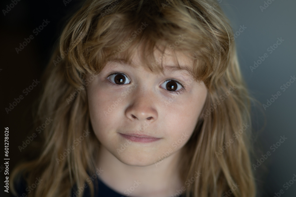 Portrait of funny blonde kid. Close-up face of cute child. Portrait of kid boy at home. Close up face of happy child alone. Portrait of funny blonde kid. Close-up face of cute child. Portrait of kid boy at home. Close up face of happy child alone.