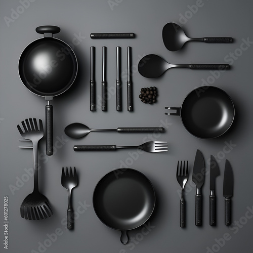 All black iron cooking utensil lay flat created using generative AI