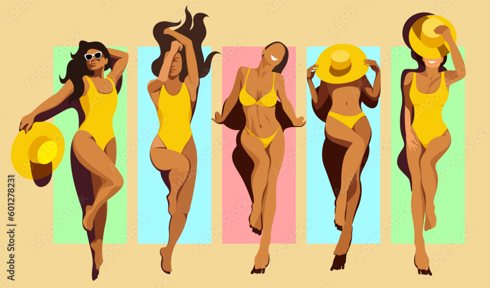 vector illustration five different beautiful young slim tanned girls models in yellow swimsuits sunbathe on the beach on colorful mats or towels. elements isolated. view from above. summer holidays.