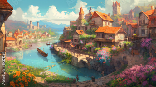 detailed fantasy art, magical realism, old school Disney style, Sunny day, blue sky, flowers, river