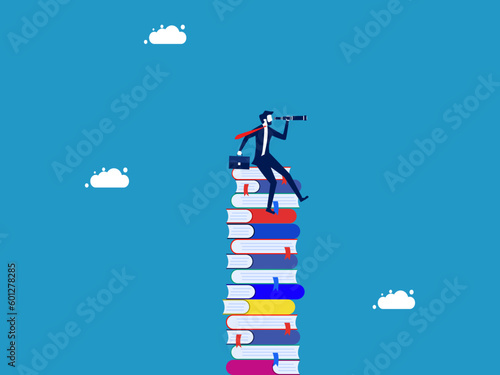 Education for career advancement opportunities. Wisdom for visionary businessmen. Businessman on a tall stack of books looking through a telescope vector