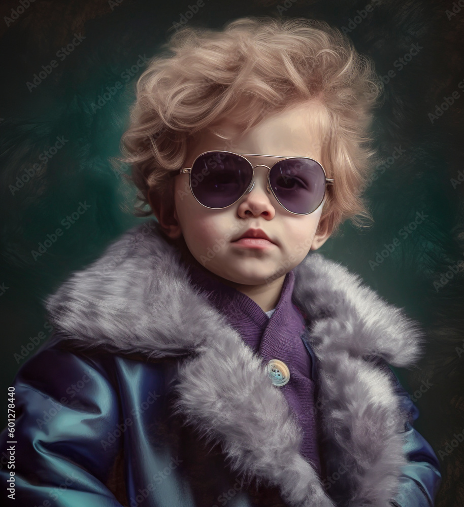 Illustrated, abstract portrait of a little baby boss. Little boy with sunglasses in adult clothes. Dark background. Illustration, Generative AI. Illustrated, abstract portrait of a little baby boss. Little boy with sunglasses in adult clothes. Dark background. Illustration, Generative AI.