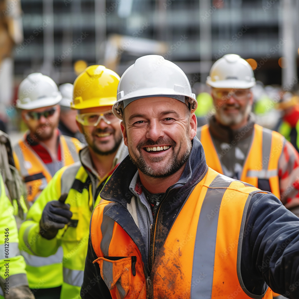 Glücklicher Arbeiter auf einer Baustelle.Generative KI Glücklicher Arbeiter auf einer Baustelle.Generative KI