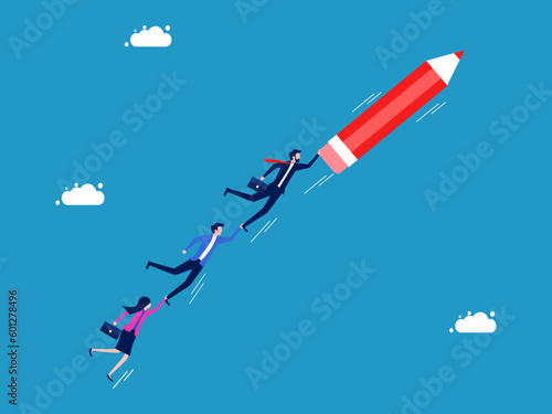 Independent business. Team of business people flying with pencil vector
