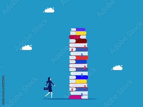 Learning goals. Businesswoman standing looking at target on high pile of books vector