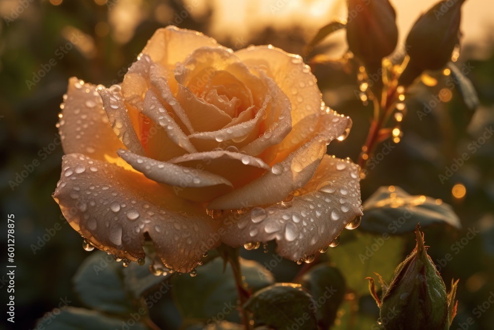 Macro Shot of Rose with Dew at Dawn, Glistening Droplets, Soft Morning Light, Pleasing Background Blur - Generative AI Macro Shot of Rose with Dew at Dawn, Glistening Droplets, Soft Morning Light, Pleasing Background Blur - Generative AI