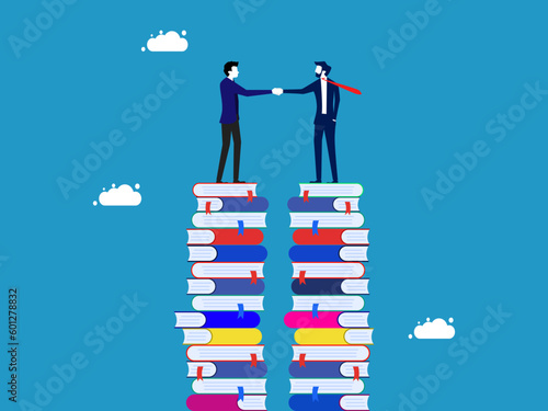Learning cooperation. Businessman holding a deal on a high pile of books vector