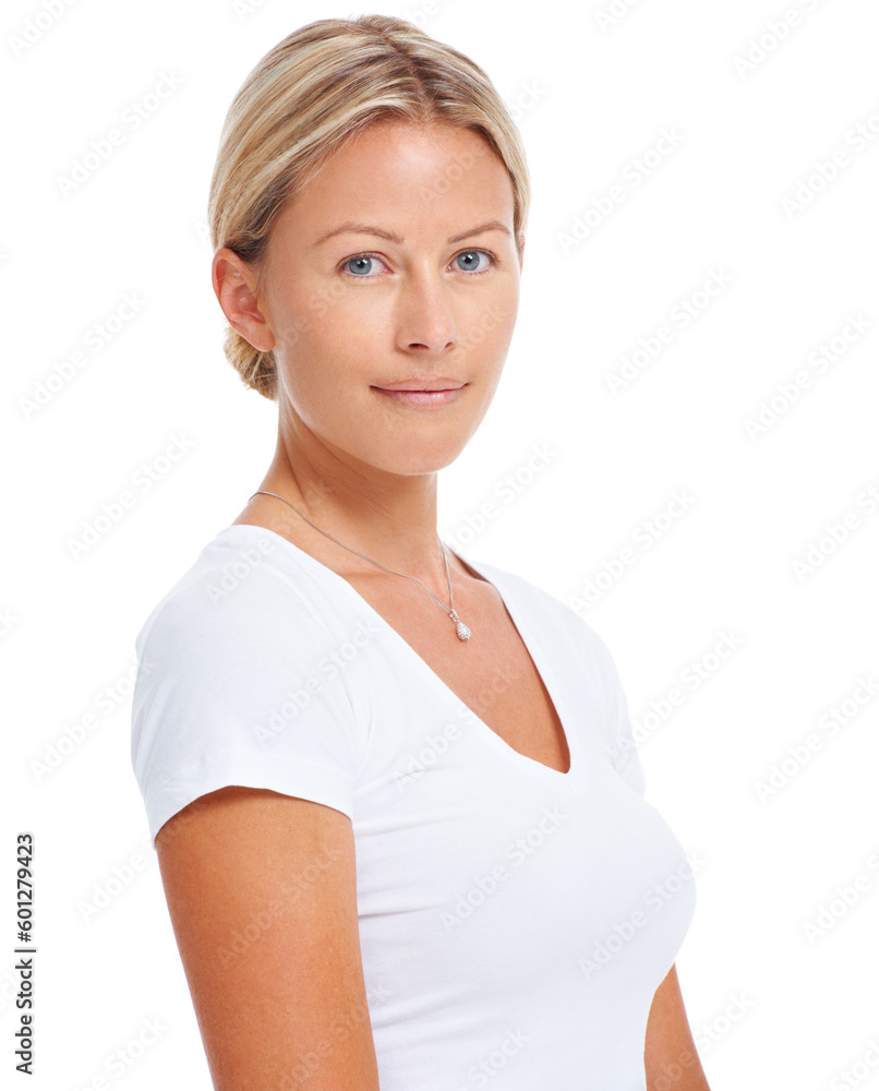 Portrait, relax and woman with confidence, casual and lady isolated against a white studio background. Face, female person and model with white tshirt, thinking and carefree with beauty and happiness Portrait, relax and woman with confidence, casual and lady isolated against a white studio background. Face, female person and model with white tshirt, thinking and carefree with beauty and happiness