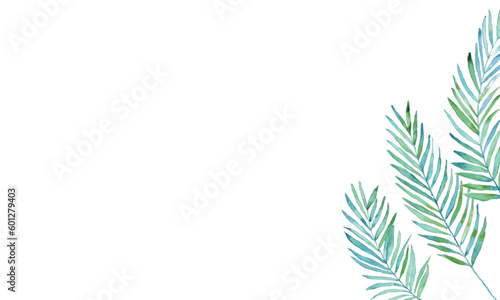                                                                                                 Watercolor painting. Green tropical plants with watercolor touch. Tropical style leaf vector illustration.