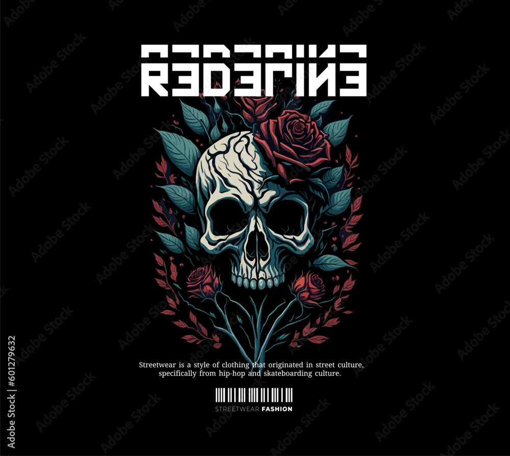 Fototapeta premium Urban Style Design. Screen Printing Design for Shirts, Jackets, Sweaters and More. Text Slogan, Rose Flower and Skull Head Vector Illustration.
