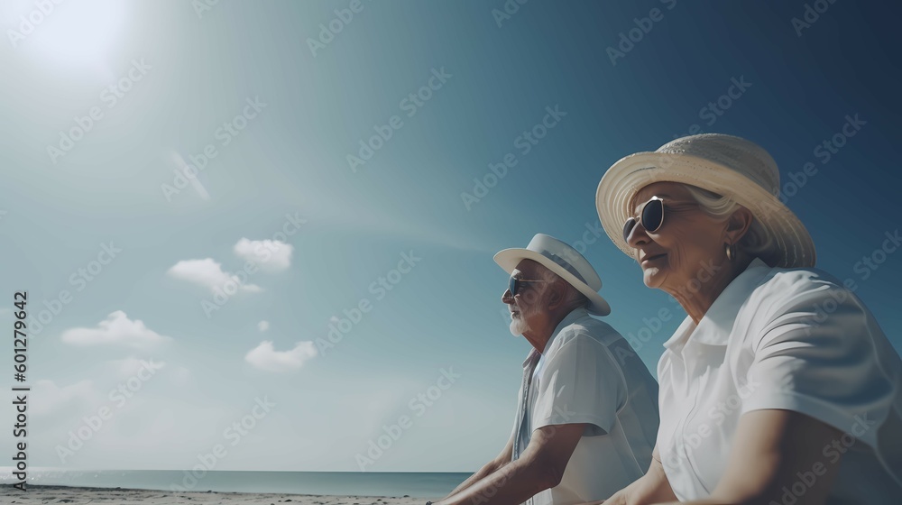 Portrait of happy elderly couple resting on tropical beach. Generative AI