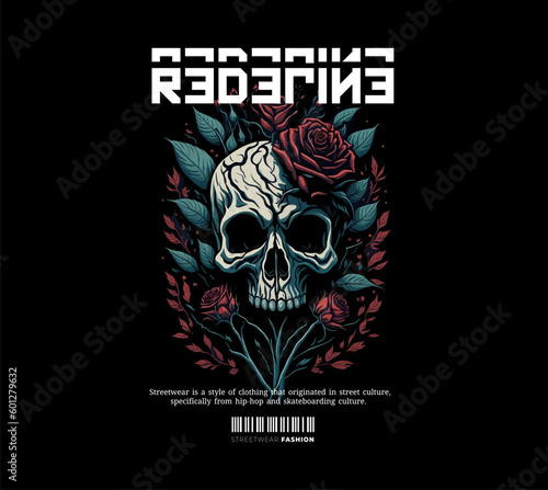 Urban Style Design. Screen Printing Design for Shirts, Jackets, Sweaters and More. Text Slogan, Rose Flower and Skull Head Vector Illustration.