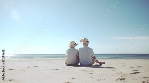 Portrait of happy elderly couple resting on tropical beach. Generative AI