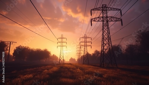 Fotografia High-voltage power lines at electricity