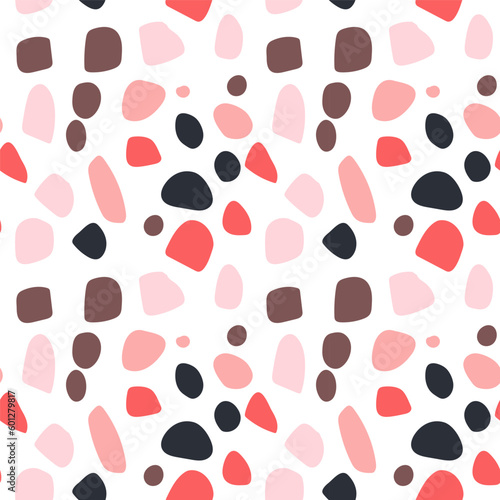 Abstract seamless pattern with black and pink spots. Vector doodle illustration on white background. spots for fabrics, textiles, and ect.