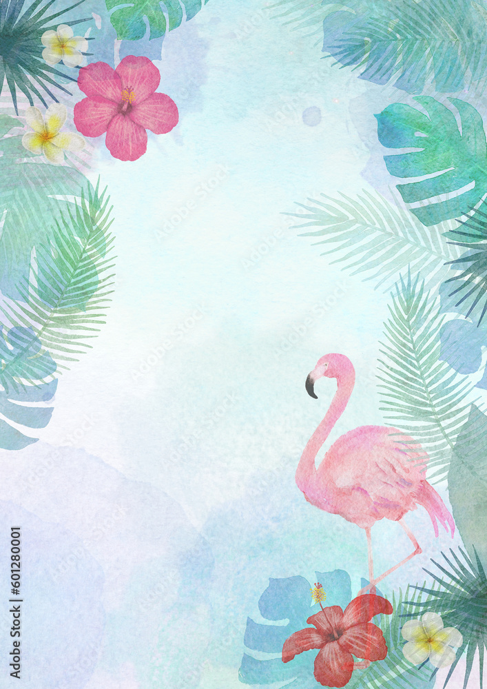Fototapeta premium ハイビスカス等のトロピカルな草花の水彩画イラスト背景