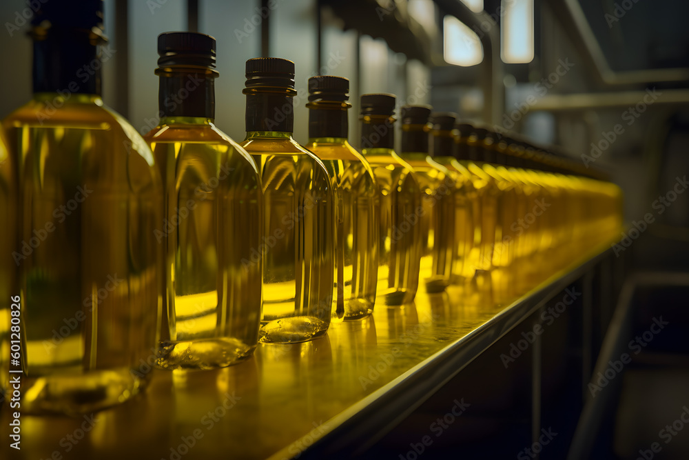 Glass bottles filled with vegetable oil sunflower and olive go along the conveyor at the factory. Generative AI. Glass bottles filled with vegetable oil sunflower and olive go along the conveyor at the factory. Generative AI.