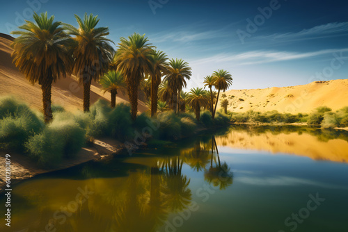 Oasis of palm trees and a pond of fresh water in the midst of the Arabian sandy desert, the focus of life in a lifeless environment. Generative AI