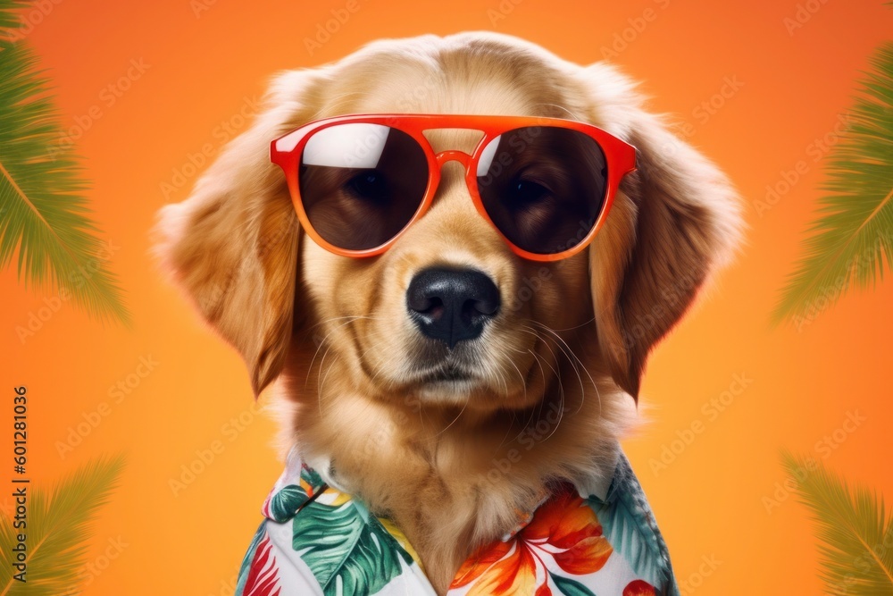 Happy Golden Retriever Dog Portrait with summer tropical shirt looking at camera isolated on Yellow, Orange gradient studio background. Generative AI