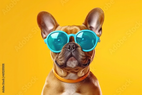 Happy French Bulldog Dog Portrait wearing summer sunglasses and looking at camera isolated on yellow gradient studio background. Generative AI © ABC Vector