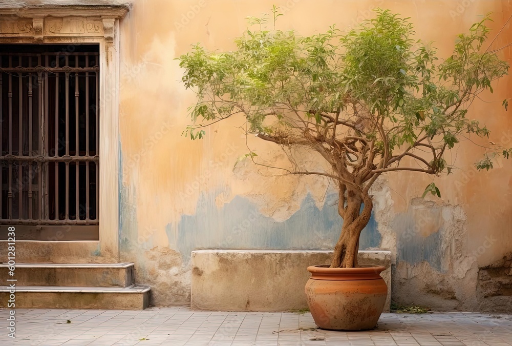 a tree in front of an old building stacked with pots of plants, generative ai