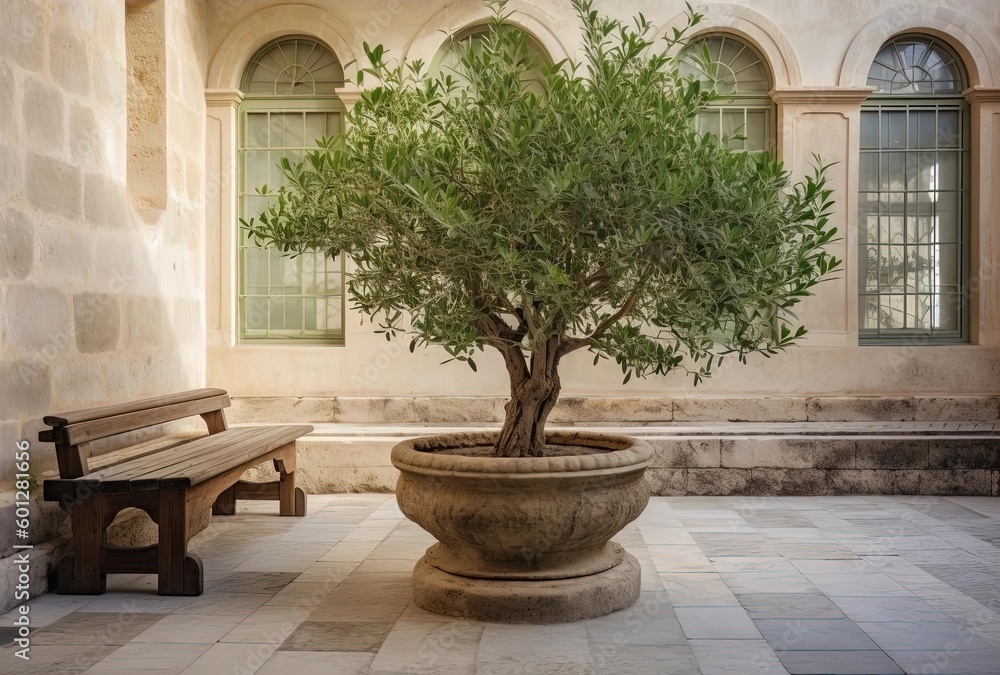 a tree with a pot beside a bench outside a building, generative ai