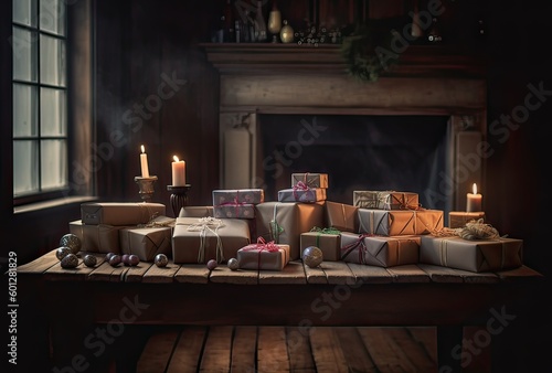 Classic Christmas Composition. Box with Candles  Balls  Toys  Pine Cones  Walnuts on Wooden Background. Generative Ai.