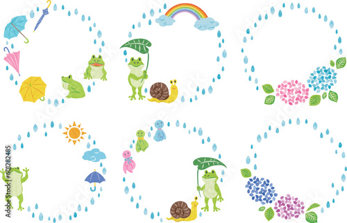 6月　梅雨　カエルや紫陽花　イラストフレームセット