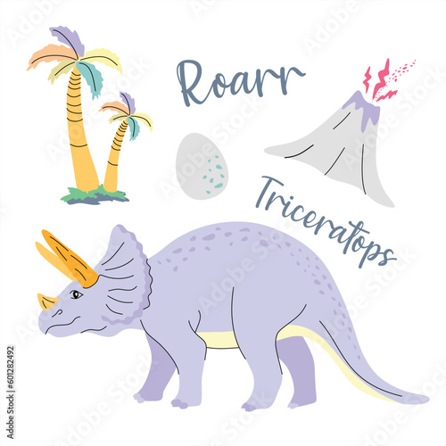 Cute dinosaur drawn as vector on white for kids fashion. Palm and volcano. Triceratops.