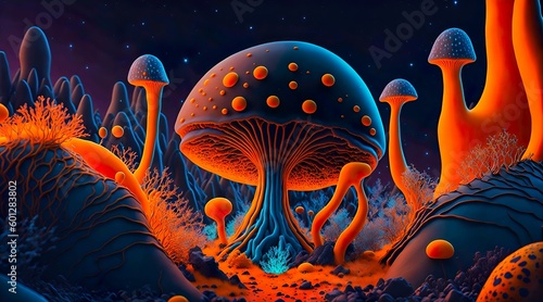 surreal, alien landscape of a microscopic fungi, Generative AI