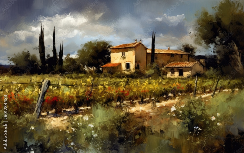 Obraz premium beautiful rural summer landscape vineyards with a rustic house, a trip to Europe, art illustration painted, generative ai
