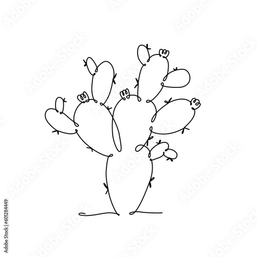 CACTUS LINE ART. Vector cactus Opuntia. Continuous Line Drawing for print poster, card, sticker tattoo tee with bunny ears cactus. One Line art black Hand Drawn simple Illustration on White Background
