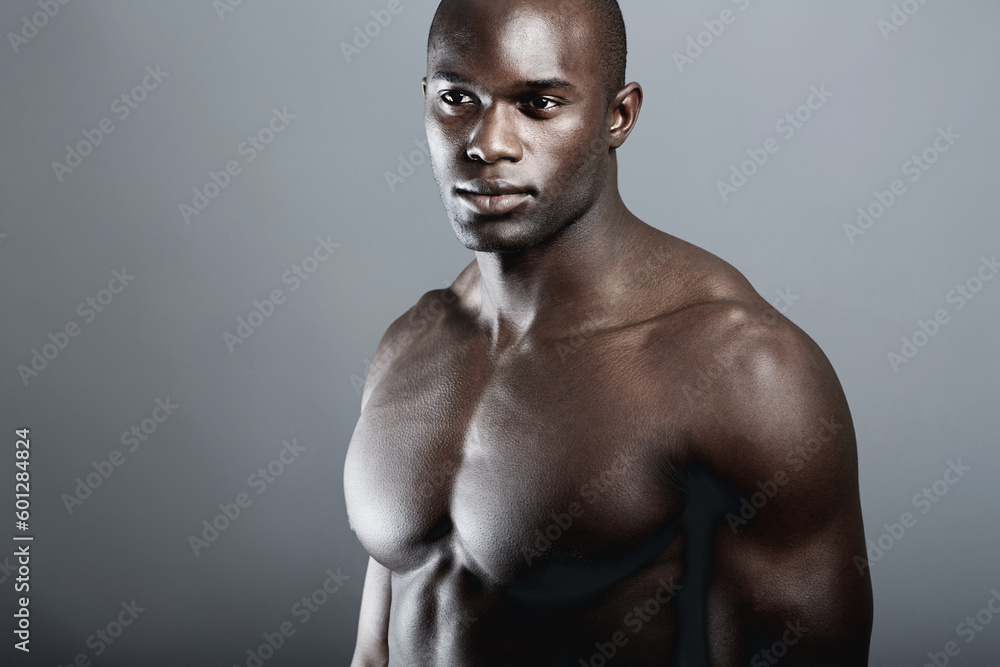 Body, muscle beauty and topless black man on dark background with fitness mockup. Health, wellness and strong African bodybuilder or male model isolated on studio backdrop with mock up and power.