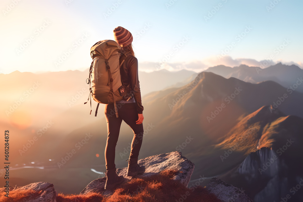 Girl hiking in amazing sunset nature in the mountains ai generated art