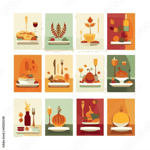 Happy Thanksgiving wish written with elegant calligraphic script and decorated by fallen autumn foliage. Colored seasonal vector illustration in flat style for holiday greeting card, postcard.
