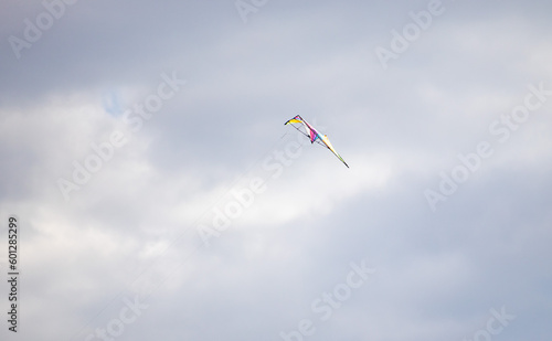The kite flies against the sky.