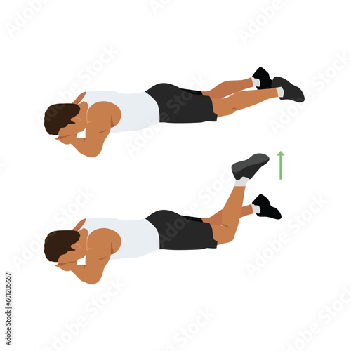 Man doing prone or lying knee bends exercise. Flat vector