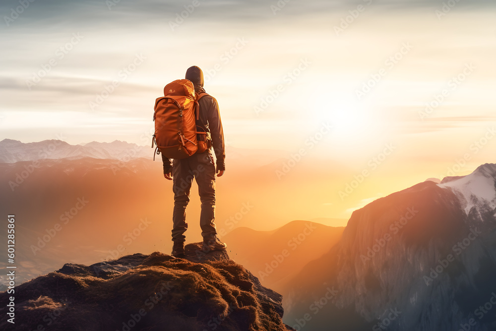 Man with backpack on the top of the mountain at sunset ai generated art