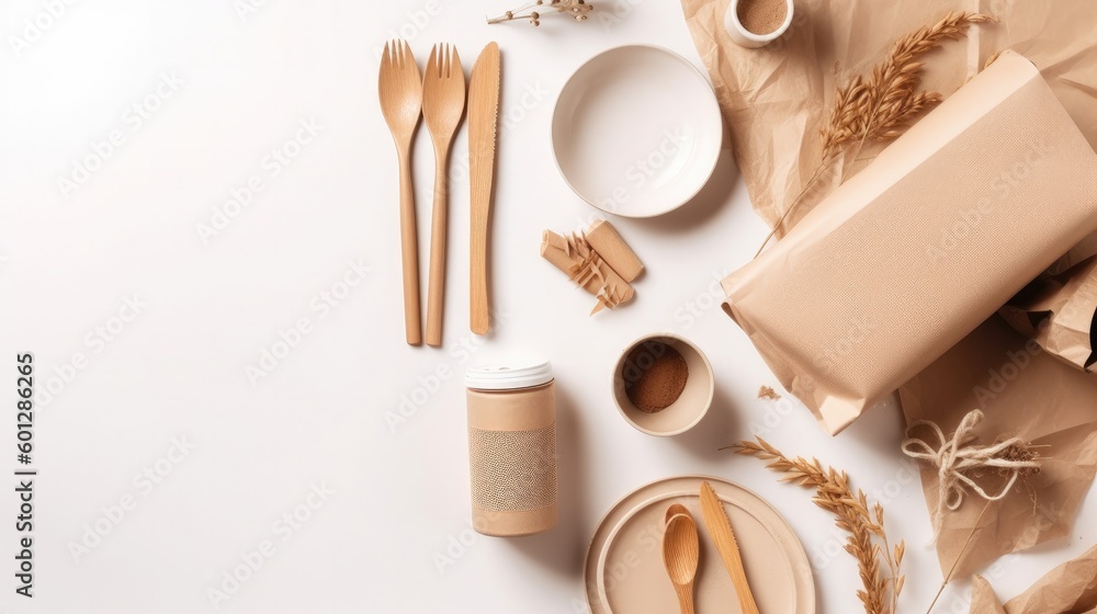 Flat lay composition, set of eco-friendly tableware and kraft paper food packaging on white background. Street food paper packaging - cups, plates, straws, containers, and paper bags. Mockup