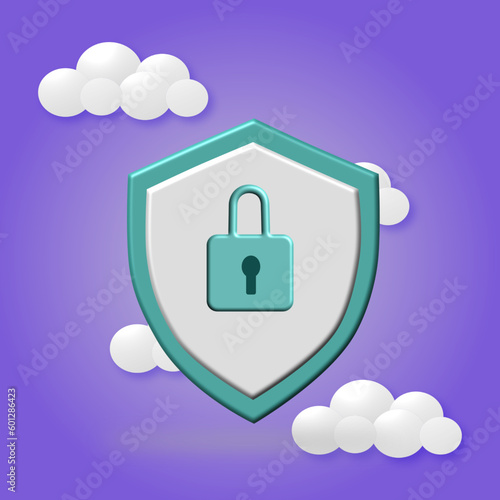 digital security icons with 3d shield shape with padlock, 3d rendered illustrations green colors on purple background.