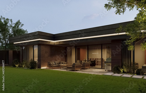 Modern house with a flat roof and panoramic windows surrounded by nature. Evening illumination of facades. 3D visualization